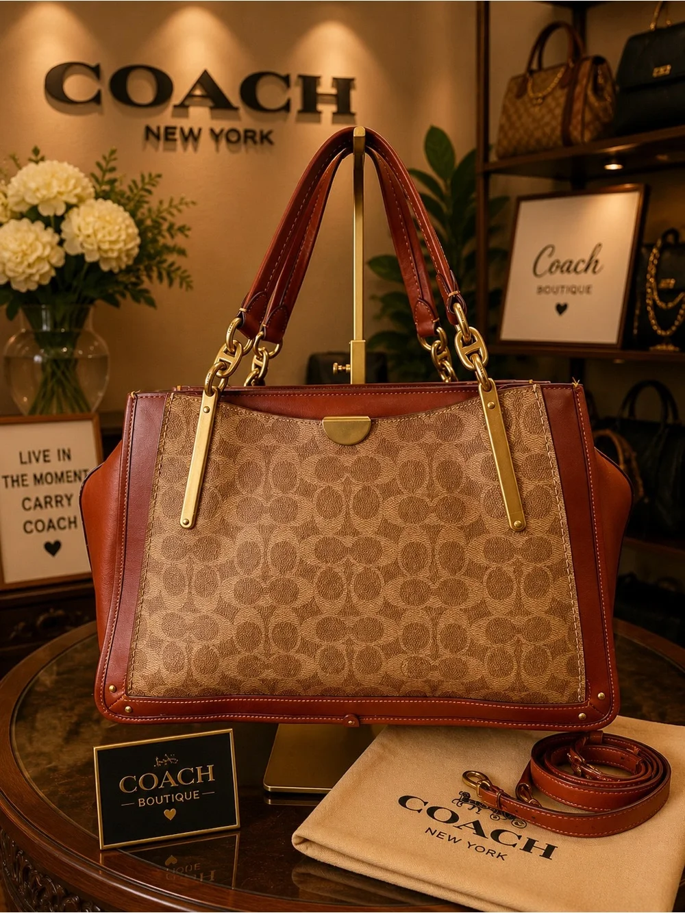 Coach Dreamer Brown Signature Canvas Satchel with Saddle Leather Trim